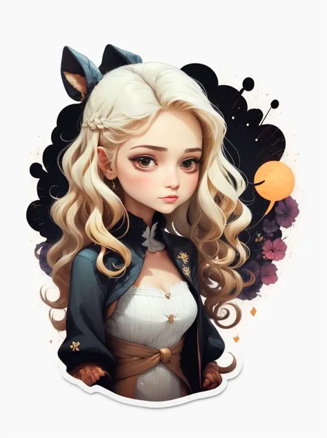 (sticker:1.3),1woman with long wavy blonde hair, (white background:1.6), <lora:Cartoon_cute_sticker_v1:1>