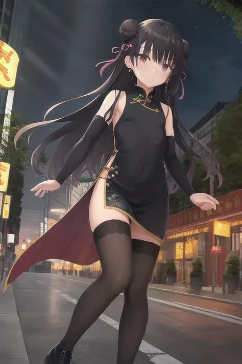 1girl, flat chest, robot girl, collar, black hair, long hair, bangs, hairpin, flower, almond-shaped eyes, black eyes, earrings, double bun, Chinese dress, hanfu, black dress, armored dress, armor, shoulder armor, leg armor, sidelocks, black thighhighs, kung fu shoes, black footwear, building, city, dark sky, light rays, neon lights, night, night sky, outdoors, reflection, road, shadow, silhouette, skyscraper, street lamp, street sign, traffic, traffic light, tree, yellow light,, masterpiece, best quality, official art, extremely detailed CG unity 8k wallpaper, artbook, yuzu-soft, kobuichi, muririn, nice hands, perfect hands, <lyco:GoodHands-beta2:1>,