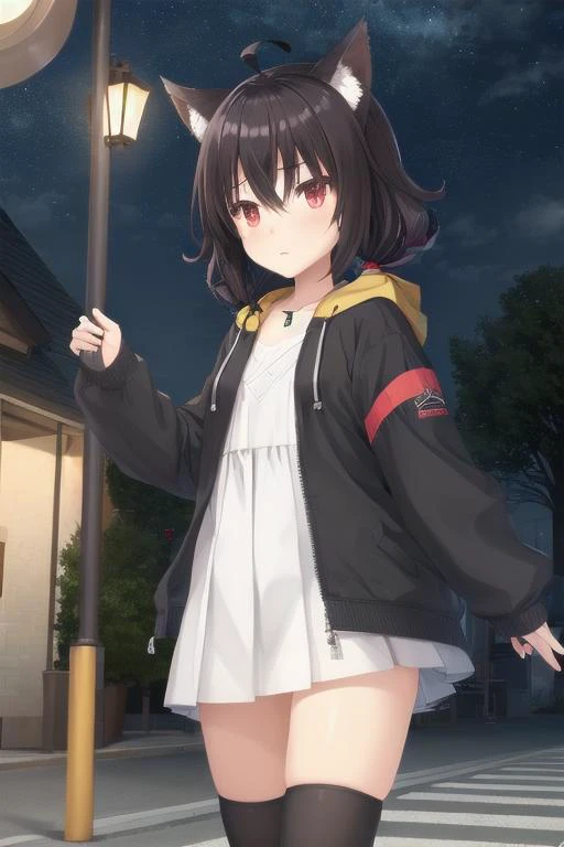 1girl, flat chest, short hair, black hair, ahoge, messy hair, payot, twintails, short twintails, animal ears, animal ear fluff, bat ears, bangs, hair between eyes, bat hair ornament, expressionless, red eyes, glowing eyes, white dress, short dress, pleated skirt, hooded jacket, black jacket, open jacket, open clothes, black hood, hood down, long sleeves, wide sleeves, sleeves past wrists, sleeves past fingers, black thighhighs, zettai ryouiki, boots, black footwear, building, city, dark sky, light rays, neon lights, night, night sky, outdoors, reflection, road, shadow, silhouette, skyscraper, street lamp, street sign, traffic, traffic light, tree, yellow light,, masterpiece, best quality, official art, extremely detailed CG unity 8k wallpaper, artbook, yuzu-soft, kobuichi, muririn, nice hands, perfect hands, <lyco:GoodHands-beta2:1>,