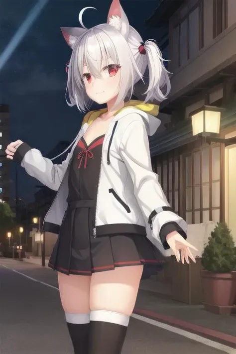 1girl, flat chest, short hair, white hair, ahoge, messy hair, payot, twintails, short twintails, animal ears, animal ear fluff, bat ears, bangs, hair between eyes, bat hair ornament, seductive smile, red eyes, glowing eyes, black dress, short dress, pleated skirt, hooded jacket, white jacket, open jacket, open clothes, white hood, hood down, long sleeves, wide sleeves, sleeves past wrists, sleeves past fingers, white thighhighs, zettai ryouiki, boots, white footwear, building, city, dark sky, light rays, neon lights, night, night sky, outdoors, reflection, road, shadow, silhouette, skyscraper, street lamp, street sign, traffic, traffic light, tree, yellow light,, masterpiece, best quality, official art, extremely detailed CG unity 8k wallpaper, artbook, yuzu-soft, kobuichi, muririn, nice hands, perfect hands, <lyco:GoodHands-beta2:1>,
