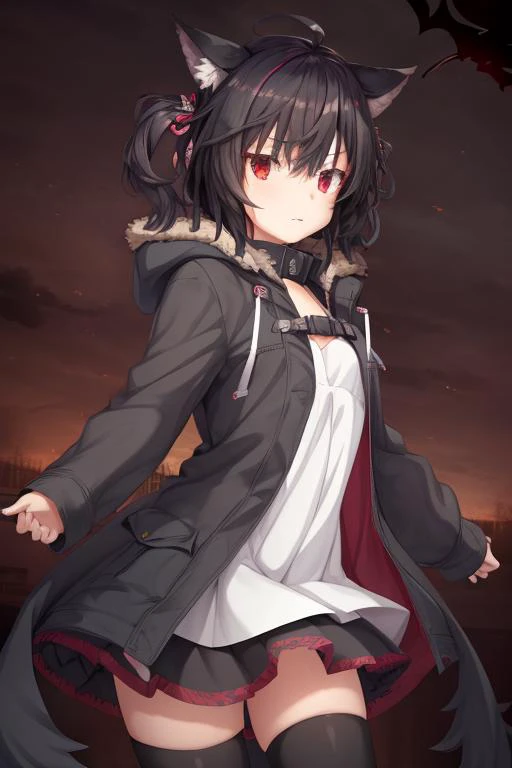 1girl, flat chest, short hair, black hair, ahoge, messy hair, payot, twintails, short twintails, animal ears, animal ear fluff, bat ears, bangs, hair between eyes, bat hair ornament, expressionless, skin fangs, red eyes, glowing eyes, white dress, short dress, pleated skirt, hooded jacket, black jacket, open jacket, open clothes, black hood, hood down, long sleeves, wide sleeves, sleeves past wrists, sleeves past fingers, black thighhighs, zettai ryouiki, boots, black footwear,, masterpiece, best quality, official art, extremely detailed CG unity 8k wallpaper, artbook, yuzu-soft, kobuichi, muririn,