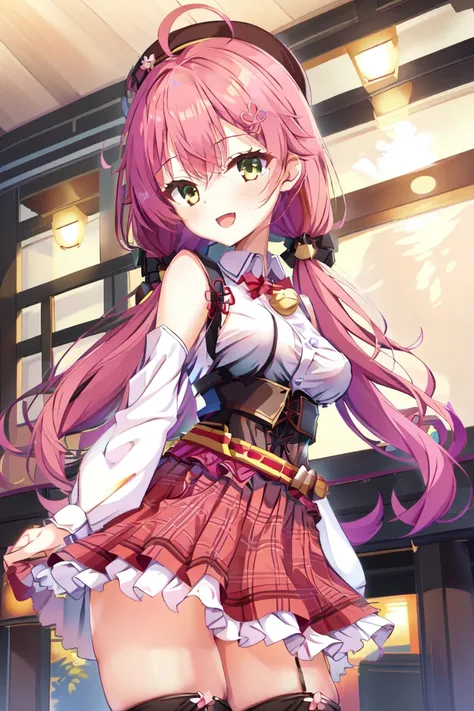 photo of a iom girl, <lora:Sakura_miko5:0.8>, masterpiece, best quality, arms behind back, dynamic pose, smile, dynamic angle, garter straps, hairclip, long sleeves, shoulder cutout, collared shirt, flower, corset, neck bell, red bowtie, red skirt, white shirt, green eyes, pink hair, frilled skirt, medium breasts, low twintails, plaid skirt, sleeveless shirt, detached sleeves, black headwear, black thighhighs, ahoge, bare shoulders, 1girl, hair ornament, virtual youtuber, belt, vertical striped shirt, large breasts,