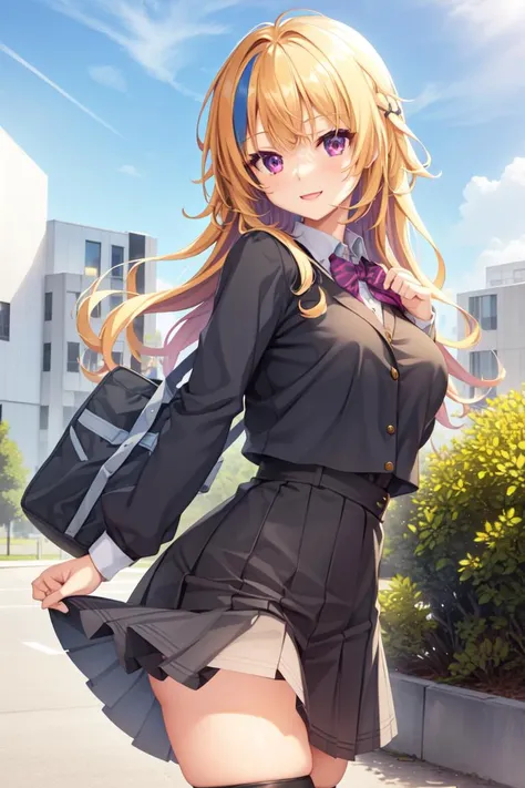 1girl, solo, high school student, standing, cowboy shot, looking at viewer, smile, legwear, ((school uniform, random hair color, random eyes color, random background, outdoors))