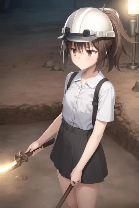 1girl, flat chest, coal, dirt, helmet, holding, lamp, mining, solo, underground, dark, dusty, hard hat, pickaxe, rocks, tunnel, work clothes, brown eyes, brown hair, messy hair, ponytail, sweat, exhausted, determined expression,, masterpiece, best quality, official art, extremely detailed CG unity 8k wallpaper, artbook, yuzu-soft, kobuichi, muririn, nice hands, perfect hands, <lyco:GoodHands-beta2:1>,