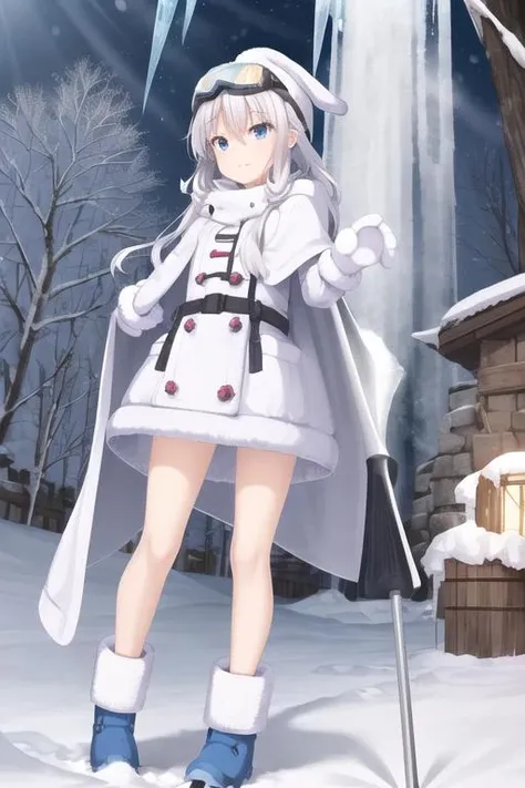 1girl, flat chest, yeti, white fur, blue eyes, fangs, icy breath, snowflakes, winter, cave, stalactites, stalagmites, frozen crystals, shimmering ice, blizzard, snowstorm, frosty air, icicles, frostbite, fur cloak, snow boots, mittens, snow hat, snow goggles, snow shovel, solo, standing, confident expression,, masterpiece, best quality, official art, extremely detailed CG unity 8k wallpaper, artbook, yuzu-soft, kobuichi, muririn, nice hands, perfect hands, <lyco:GoodHands-beta2:1>,