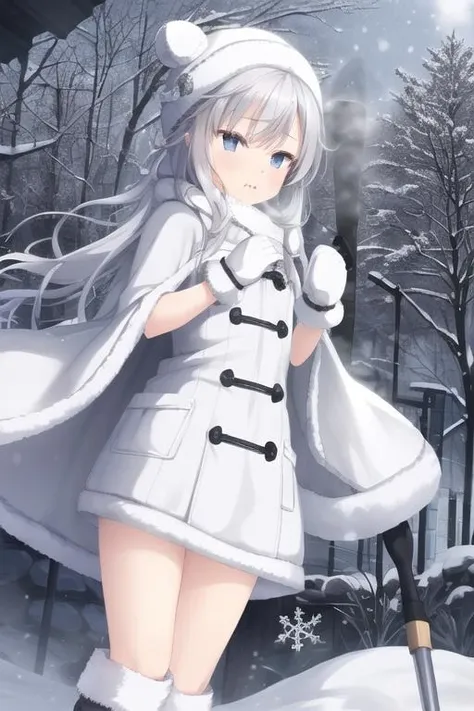 1girl, flat chest, yeti, white fur, blue eyes, fangs, icy breath, snowflakes, winter, cave, stalactites, stalagmites, frozen crystals, shimmering ice, blizzard, snowstorm, frosty air, icicles, frostbite, fur cloak, snow boots, mittens, snow hat, snow goggles, snow shovel, solo, standing, confident expression,, masterpiece, best quality, official art, extremely detailed CG unity 8k wallpaper, artbook, yuzu-soft, kobuichi, muririn, nice hands, perfect hands, <lyco:GoodHands-beta2:1>,