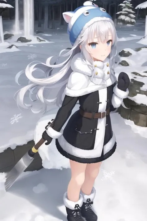 1girl, flat chest, yeti, white fur, blue eyes, fangs, icy breath, snowflakes, winter, cave, stalactites, stalagmites, frozen crystals, shimmering ice, blizzard, snowstorm, frosty air, icicles, frostbite, fur cloak, snow boots, mittens, snow hat, snow goggles, snow shovel, solo, standing, confident expression,, masterpiece, best quality, official art, extremely detailed CG unity 8k wallpaper, artbook, yuzu-soft, kobuichi, muririn, nice hands, perfect hands, <lyco:GoodHands-beta2:1>,