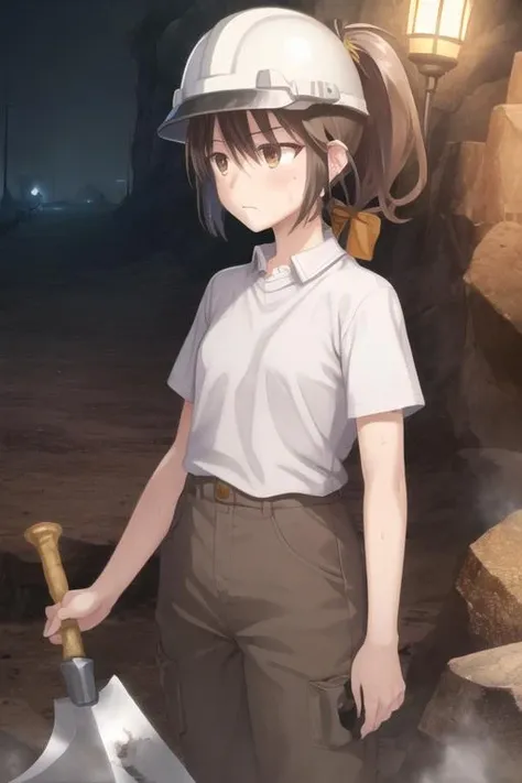 1girl, flat chest, coal, dirt, helmet, holding, lamp, mining, solo, underground, dark, dusty, hard hat, pickaxe, rocks, tunnel, work clothes, brown eyes, brown hair, messy hair, ponytail, sweat, exhausted, determined expression,, masterpiece, best quality, official art, extremely detailed CG unity 8k wallpaper, artbook, yuzu-soft, kobuichi, muririn, nice hands, perfect hands, <lyco:GoodHands-beta2:1>,