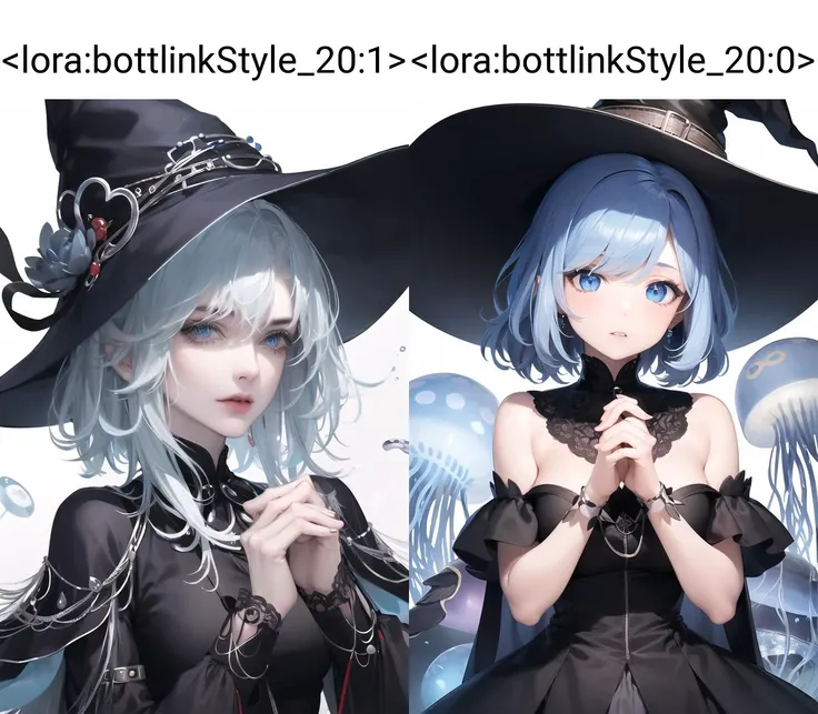 1girl, solo, own hands together, black background, blue hair, blue eyes, looking at viewer, hat, dress, colored skin, bangs, monster girl, own hands clasped, interlocked fingers, blue skin, jellyfish, parted lips, witch hat, hands up, simple background, short hair
<lora:bottlinkStyle_20:1>