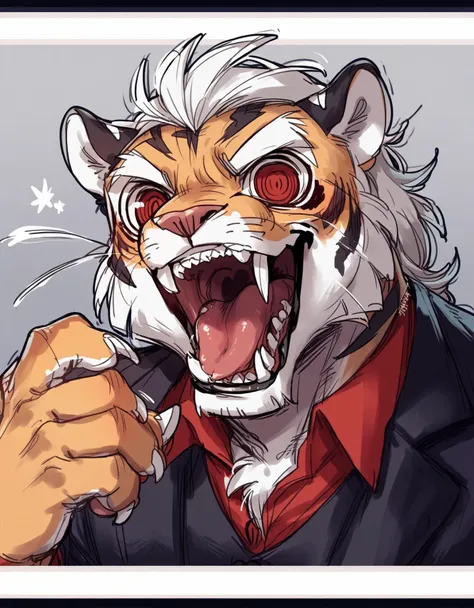 score_9,score_8_up,score_7_up,score_6_up,score_5_up,score_4_up source_safe, solo,looking at viewer,open mouth,teeth,tongue,no humans,fangs,sharp teeth,letterboxed,claws,furry,whiskers,tiger <lora:yd_sdxl_linearv6:0.8>,helltaker,,<lora:kawakami_rokkaku_pony_v2:0.8>,score_9,source_anime,,
