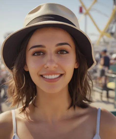 cinematic head and shoulder portrait,beautiful woman at San Monica pier riding the Ferris wheel,sportswear,sun_hat,smirk,(looking at viewer),perfect teeth,crowded pier,high budget,hyperdetailed,dynamic lighting,atmospheric haze,intricate details,moody,4k textures,4k resolution,<lora:naoscott_xl_1_standard_wo_cap:1>,