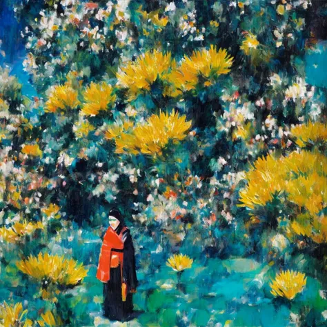Lady among flowers, floral background, in the style of Studio Ghibli, beautiful incredibly detailed composite, sharp lines, clear focus, dramatic lighting, Glimmering epic composition, sharp contours, graphic details, colors, geometric filigree in style. Underwater Photography by David Doubilet, Brian Skerry, George Lucas (Star Wars, Indiana Jones), oil painting, strong strokes, dripping paint , art by Adrian Ghenie <lora:Art_of_Adrian_Ghenie_LoRA :1>
