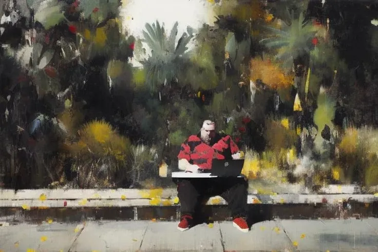 fat guy using his laptop, sunny day, busy streets, happy theme, shock looking eyes, art by Adrian Ghenie  <lora:Art_of_Adrian_Ghenie_LoRA :1>