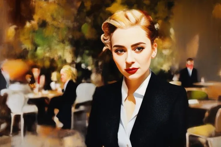 woman in the mid 20's setting in a cafe drinking her coffee, cute face, nice firm body, business formal clothes, hair tie, blond, sunny day, busy streets, happy theme, shock looking eyes, art by Adrian Ghenie  <lora:Art_of_Adrian_Ghenie_LoRA :1>