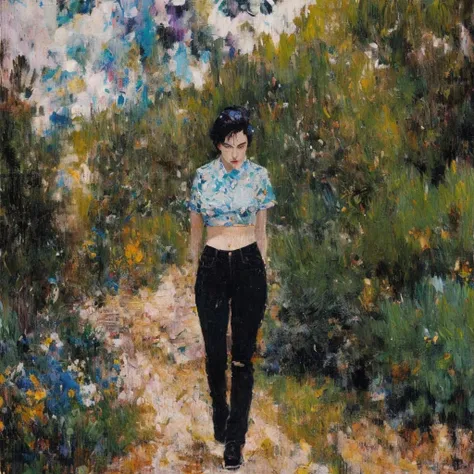 SFW,  EPSydn3yM3lm4n, photograph, Literal, Long exposure of a (Young Woman, skinny, fit, small breasts, bare belly, (belly button piercing) , mechanic working in humid and sultry atmosphere, in jeans and crop top, stunning beauty, short messy black hair:1. 3) surrounded by Pinecones, Overgrown Pipe, Baroque Cybernetic Eye, inside of a Portal, Interesting flowers, Raining, Bokeh, Illustration, Dark, made of Corduroy, Post-Impressionism, soft light, film grain, Samsung Galaxy, F/1. 8, Dark hue, delicate, rainbow swirl, Flickr, Pixabay, (art by Matt Bors:1. 0) , (art by John Lurie:0. 7) , (art by Charles Angrand:1. 2) , (art by Laurie Greasley:1. 3), art by Adrian Ghenie <lora:Art_of_Adrian_Ghenie_LoRA :1>