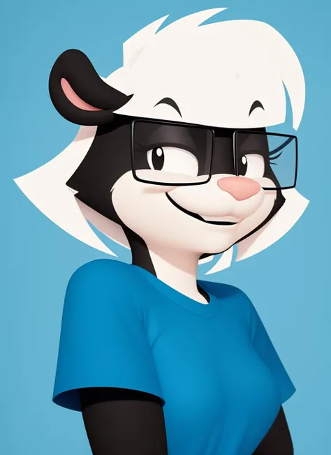sabrina, furry female anthro, skunk girl, portrait, close-up, blue t-shirt, black eyes, glasses, solo, body fur, (best quality), (simple background:1.2), looking at viewer, grin, flat colors, <lora:sabrina-v1:1>