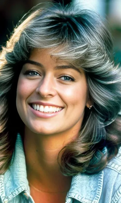 portrait photo of  a younger f4rr4hf4wc3tt. smiling,  wearing a light blue blouse and jeans, high heels, walking on the street, (masterpiece), (best quality), (detailed), (8k), (HDR), (wallpaper), (cinematic lighting), (sharp focus), (intricate), (closeup)