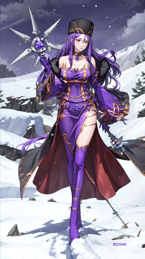 <lora:crymaria-nvwls-v1:0.8> crymaria levin, 1girl, red eyes, choker, fur hat, bare shoulders, purple dress, detached sleeves, fur hat, jacket on shoulders, epaulettes, purple dress, detached sleeves, purple gloves, thigh boots, BREAK, <lora:UnlimitedBladeWorks1.6:0.8>, Staff, (holding staff:1.15), BREAK, (snowstorm:1.25), masterpiece, best quality, extremely detailed, highly quality, 4k, sharp focus, professional, sharp focus, award winning, cinematic lighting, octane render, unreal engine, volumetrics dtx, Wallpaper,