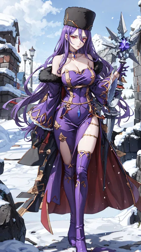 <lora:crymaria-nvwls-v1:0.8> crymaria levin, 1girl, red eyes, choker, fur hat, bare shoulders, purple dress, detached sleeves, fur hat, jacket on shoulders, epaulettes, purple dress, detached sleeves, purple gloves, thigh boots, BREAK, (holding staff:1.15), BREAK, (snowstorm:1.15), masterpiece, best quality, extremely detailed, highly quality, 4k, sharp focus, professional, sharp focus, award winning, cinematic lighting, octane render, unreal engine, volumetrics dtx, Wallpaper,