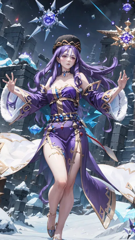 <lora:crymaria-nvwls-v1:0.7> crymaria levin, 1girl, purple hair, red eyes, BREAK, choker, fur hat, bare shoulders, detached sleeves, fur hat, BREAK, (snowstorm:1.25) <lora:Casting_Spell:0.8> (casting spell, ice, ice magic:1.25), masterpiece, best quality, extremely detailed, highly quality, 4k, sharp focus, professional, sharp focus, award winning, cinematic lighting, octane render, unreal engine, volumetrics dtx, Wallpaper,