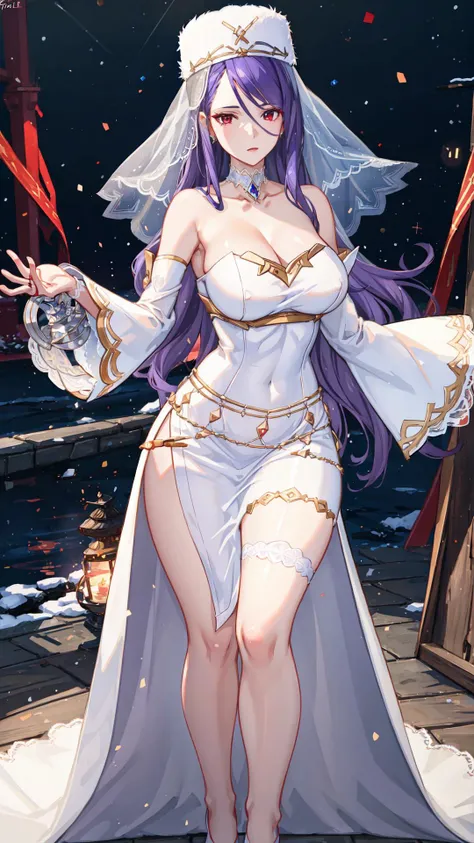 <lora:crymaria-nvwls-v1:0.6> crymaria levin, 1girl, purple hair, red eyes, BREAK, choker, fur hat, bare shoulders, detached sleeves, fur hat, (style-bridal, bride, white dress:1.25), BREAK, (snowstorm:1.25), masterpiece, best quality, extremely detailed, highly quality, 4k, sharp focus, professional, sharp focus, award winning, cinematic lighting, octane render, unreal engine, volumetrics dtx, Wallpaper,