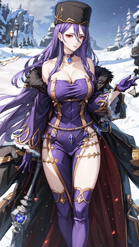 <lora:crymaria-nvwls-v1:0.8> crymaria levin, 1girl, red eyes, choker, fur hat, bare shoulders, purple dress, detached sleeves, fur hat, jacket on shoulders, epaulettes, purple dress, detached sleeves, purple gloves, thigh boots, BREAK, (holding staff:1.15), BREAK, (snowstorm:1.15), masterpiece, best quality, extremely detailed, highly quality, 4k, sharp focus, professional, sharp focus, award winning, cinematic lighting, octane render, unreal engine, volumetrics dtx, Wallpaper,