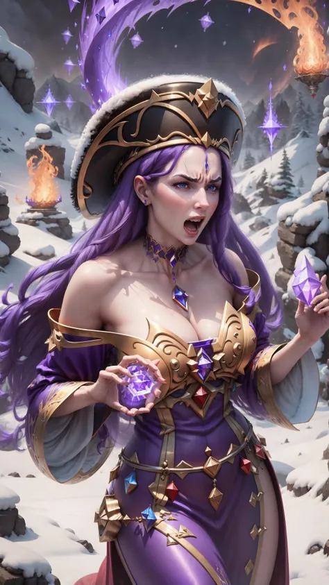 <lora:crymaria-nvwls-v1:0.7> crymaria levin, 1girl, purple hair, red eyes, BREAK, choker, fur hat, bare shoulders, detached sleeves, fur hat, BREAK, (angry, screaming:1.15), BREAK, (snowstorm:1.25) <lora:Casting_Spell:0.8> (casting spell, ice, ice magic:1.25), masterpiece, best quality, extremely detailed, highly quality, 4k, sharp focus, professional, sharp focus, award winning, cinematic lighting, octane render, unreal engine, volumetrics dtx, Wallpaper,