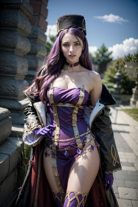 a beautiful enchantress with long chestnut hair, purple streaks and curls, sexy outfit, in a corset, stockings, and an open skirt, full length, holding a scythe, ruined castle on a hill in the background