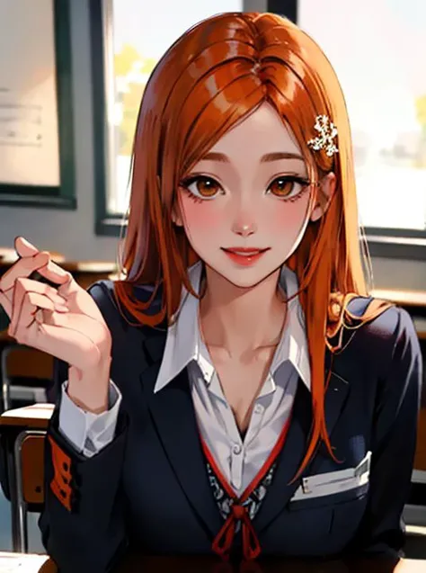 (masterpiece:1.2, best quality), (real picture, intricate details),
classroom,
pov,
(1milf:1.8), solo, dynamic pose, dynamic angle,
<lora:orihimeInoueBleach_v09:0.3>, (orihime), (orange hair), hair ornament,
school uniform,
lovely, (smile),