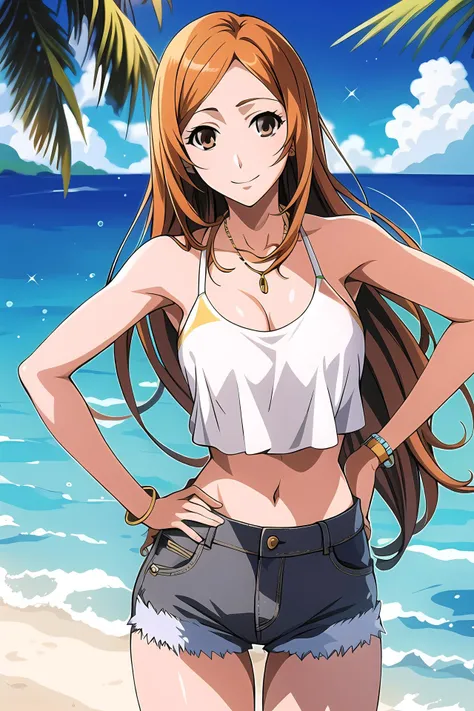 masterpiece, best quality, portrait of Orihime Inoue in her 20s, brown eyes, gray crop top, denim shorts, jewelry, hands on hips, tropical beach background, <lora:GoodHands-vanilla:1>, <lora:Orihime:0.6>