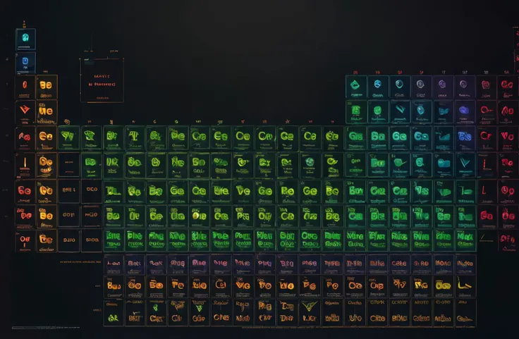 (masterpiece:1.3),(best quality:1.2),8k,absurdres,unity 8k wallpapper,(extremely detailed:1.3),highestres, <lora:periodic_table:1>, (chart:1.2), black background,neon lights, periodic_table,(only_chart:1.4),