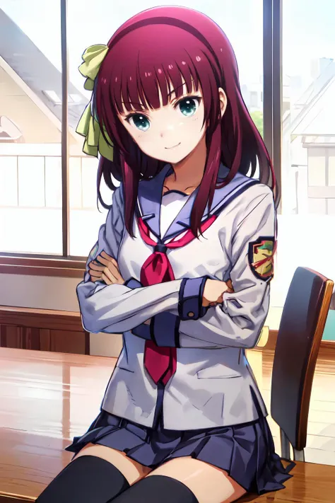 <lora:yuri-angelbeats-01:0.8> yuri nakamura, neckerchief, school uniform, shinda sekai sensen uniform, thighhighs, school, desk, crossed legs, sitting, evil smile, crossed arms,  <lora:kuroboshi_kouhaku_style_v01:1>, ultra detailed, masterpiece, best quality, aesthetic, detailed,