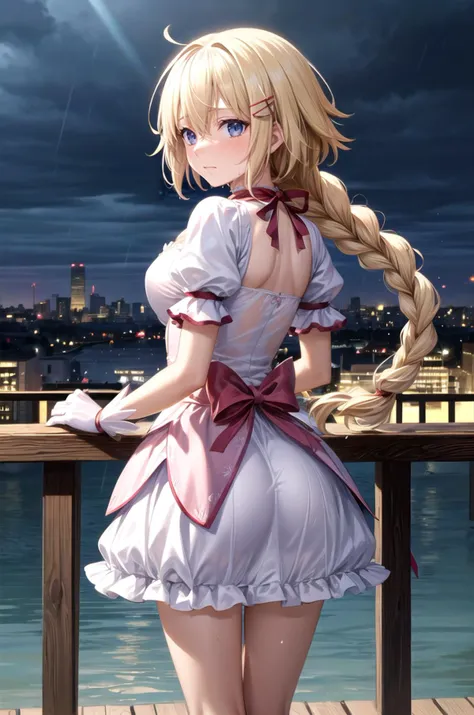 (masterpiece, best quality, detailed), 1girl, solo, looking at viewer, <lora:jeanne_d'arc_(fate)_v1:0.7>, ccjd, long hair, single braid, long braid, <lora:MadokaCostumePackV1_2:0.9>, madoka outfit, outdoors, rooftop, cityscape, building, railing, (rain), hands on hips, legs apart, from behind, looking back, cloudy sky, scenery, wet clothes, wet, wet hair, bridge, river, water, see-through, wet skirt, closed mouth, blush, embarrassed