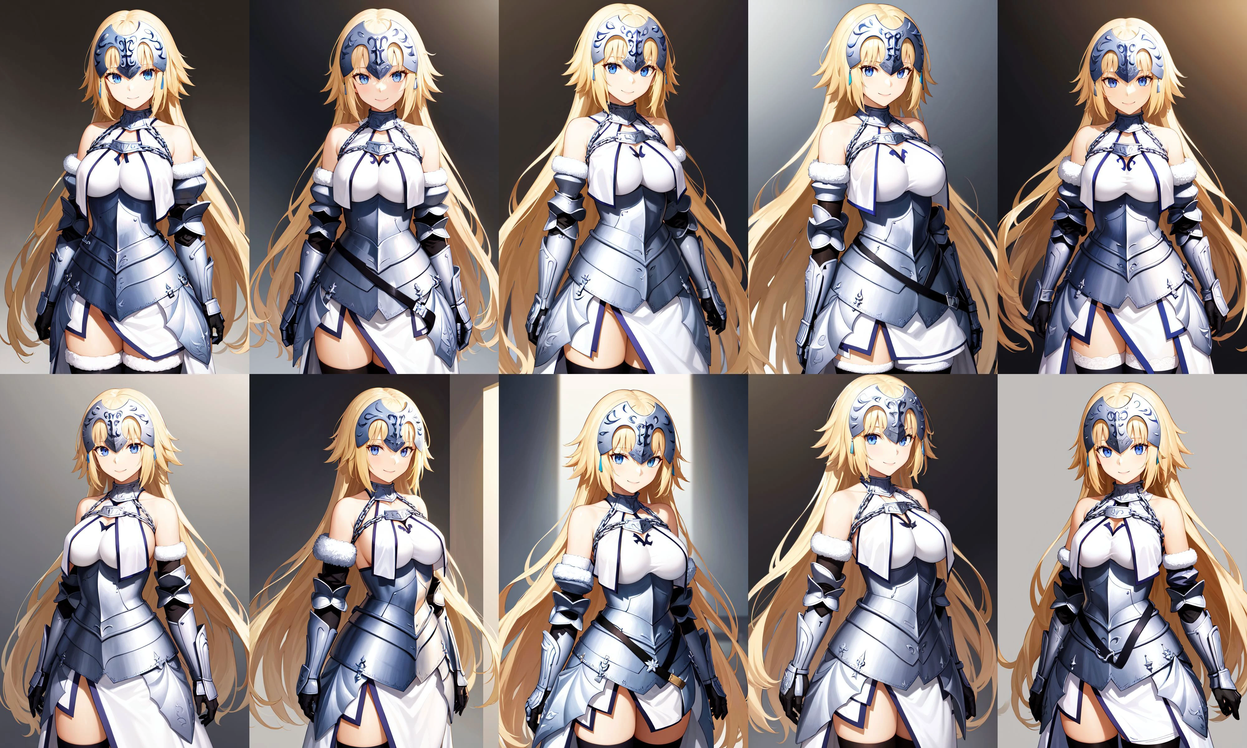masterpiece, best quality, highres, bbjd, long hair, headpiece, bare shoulders, armor, armored dress, white dress, fur trim, gauntlets, black thighhighs, <lora:jeanne_d'arc_(fate)_v1:0.7>, standing, cowboy shot, smile,