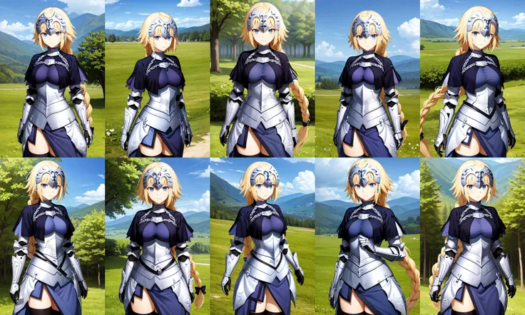 masterpiece, best quality, highres, aajd, long hair, single braid, long braid, headpiece, blue capelet, blue shirt, armor, armored dress, blue dress, gauntlets, black thighhighs, <lora:jeanne_d'arc_(fate)_v1:0.7>, standing, cowboy shot, outdoors,