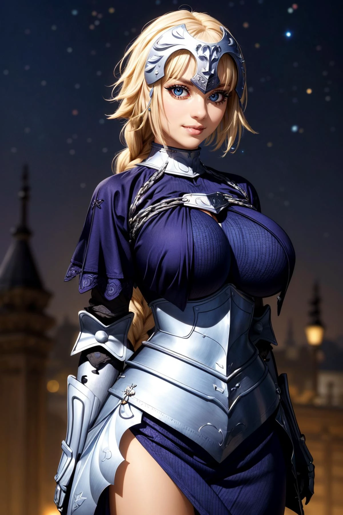 (ultra realistic,32k, masterpiece:1.2),(high detailed skin:1.1),( high quality:1.1),
<lora:jeanne_d'arc_(fate)_v1:0.8>(smile , v-shaped eyebrows:1.1),(eyeliner,long lashes, mascara:1.1),aajd, long hair, single braid, long braid, headpiece, blue capelet, blue shirt, armor, armored dress, blue dress, gauntlets, black thighhighs, celestial observatory, cosmic wonders, starry skies, unraveling mysteries (blurry background:1.2),(looking at viewer, standing:1.1),, (huge breast,large breast:1.1),<lora:add_detail:0.83>,full body,
(beautifully lit:1.1),