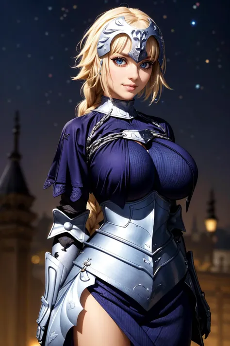 (ultra realistic,32k, masterpiece:1.2),(high detailed skin:1.1),( high quality:1.1),
<lora:jeanne_d'arc_(fate)_v1:0.8>(smile , v-shaped eyebrows:1.1),(eyeliner,long lashes, mascara:1.1),aajd, long hair, single braid, long braid, headpiece, blue capelet, blue shirt, armor, armored dress, blue dress, gauntlets, black thighhighs, celestial observatory, cosmic wonders, starry skies, unraveling mysteries (blurry background:1.2),(looking at viewer, standing:1.1),, (huge breast,large breast:1.1),<lora:add_detail:0.83>,full body, 
(beautifully lit:1.1),