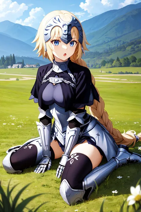 masterpiece, best quality, highres, aajd, long hair, single braid, long braid, headpiece, blue capelet, blue shirt, armor, armored dress, blue dress, gauntlets, black thighhighs, <lora:jeanne_d'arc_(fate)_v1:0.7>, wariza, grass, :o, knee boots