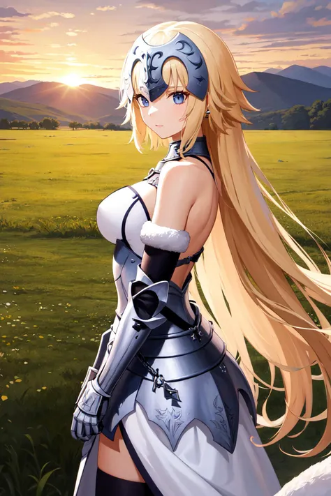 masterpiece, best quality, highres, bbjd, long hair, headpiece, bare shoulders, armor, armored dress, white dress, fur trim, gauntlets, black thighhighs, <lora:jeanne_d'arc_(fate)_v1:0.7>, sunset, field, standing, cowboy shot, from side,