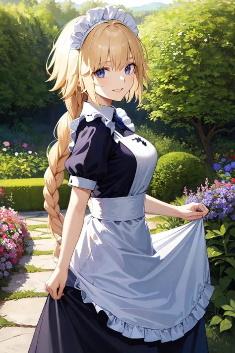 masterpiece, best quality, highres, aajd, long hair, single braid, long braid, <lora:jeanne_d'arc_(fate)_v1:0.7>, maid, maid headdress, smile, garden, skirt hold