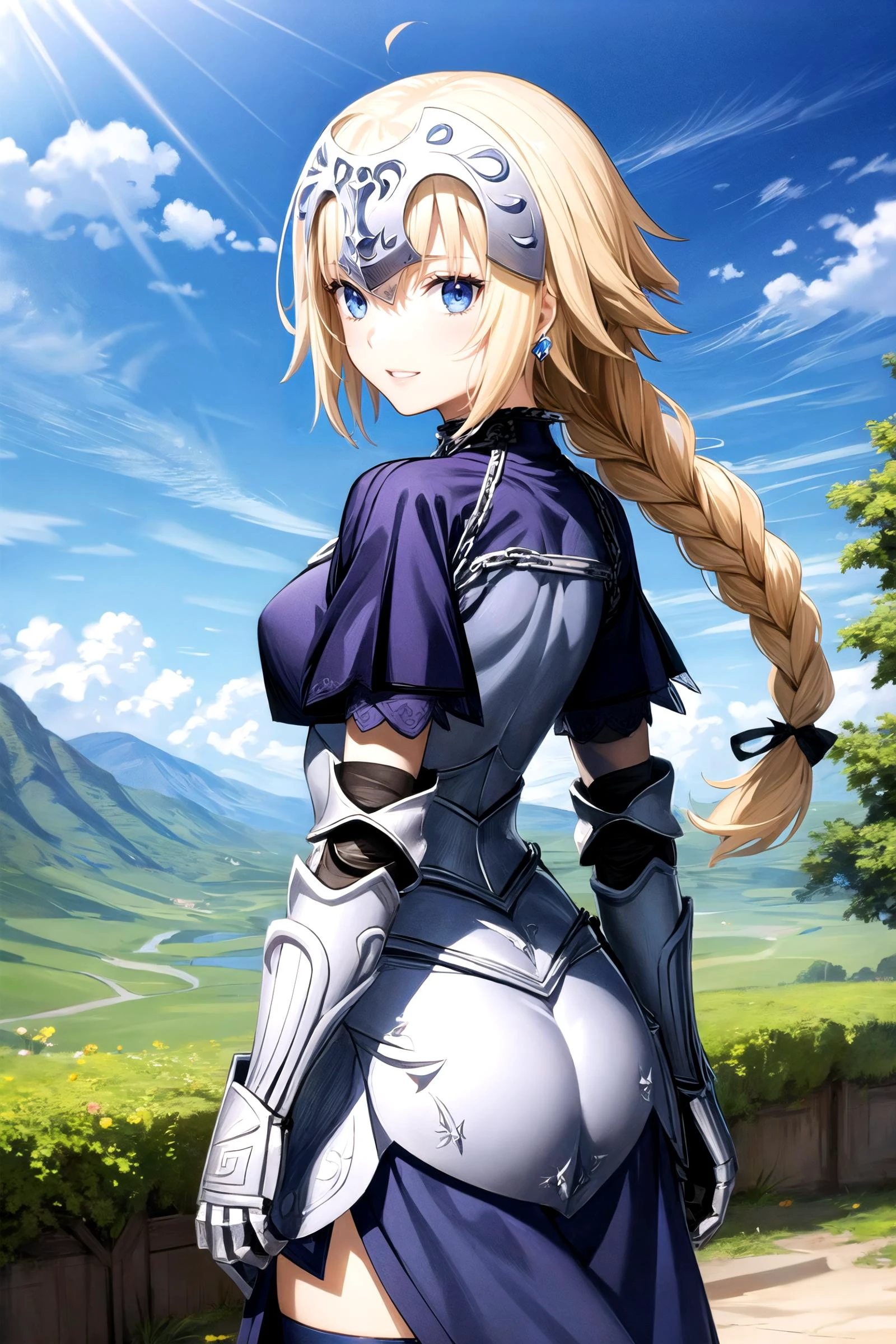 (masterpiece, best quality, detailed), 1girl, solo, looking at viewer, <lora:jeanne_d'arc_(fate)_v1:0.7>, ccjd, long hair, single braid, long braid, blue capelet, blue shirt, armor, armored dress, blue dress, gauntlets, black thighhighs, smile, outdoors, fantasy, leaning forward, from behind, looking back, cowboy shot, arched back, castle, nature, blue sky, parted lips, headpiece