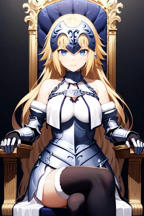 masterpiece, best quality, highres, bbjd, long hair, headpiece, bare shoulders, armor, armored dress, white dress, fur trim, gauntlets, black thighhighs, <lora:jeanne_d'arc_(fate)_v1:0.7>, sitting, crossed legs, throne,