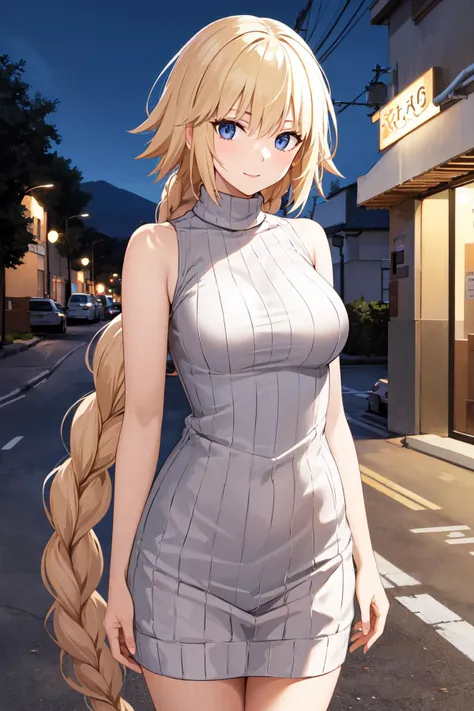 masterpiece, best quality, highres, aajd, long hair, single braid, long braid, <lora:jeanne_d'arc_(fate)_v1:0.7>, sweater dress, ribbed sweater, sleeveless, standing, cowboy shot, night, street,