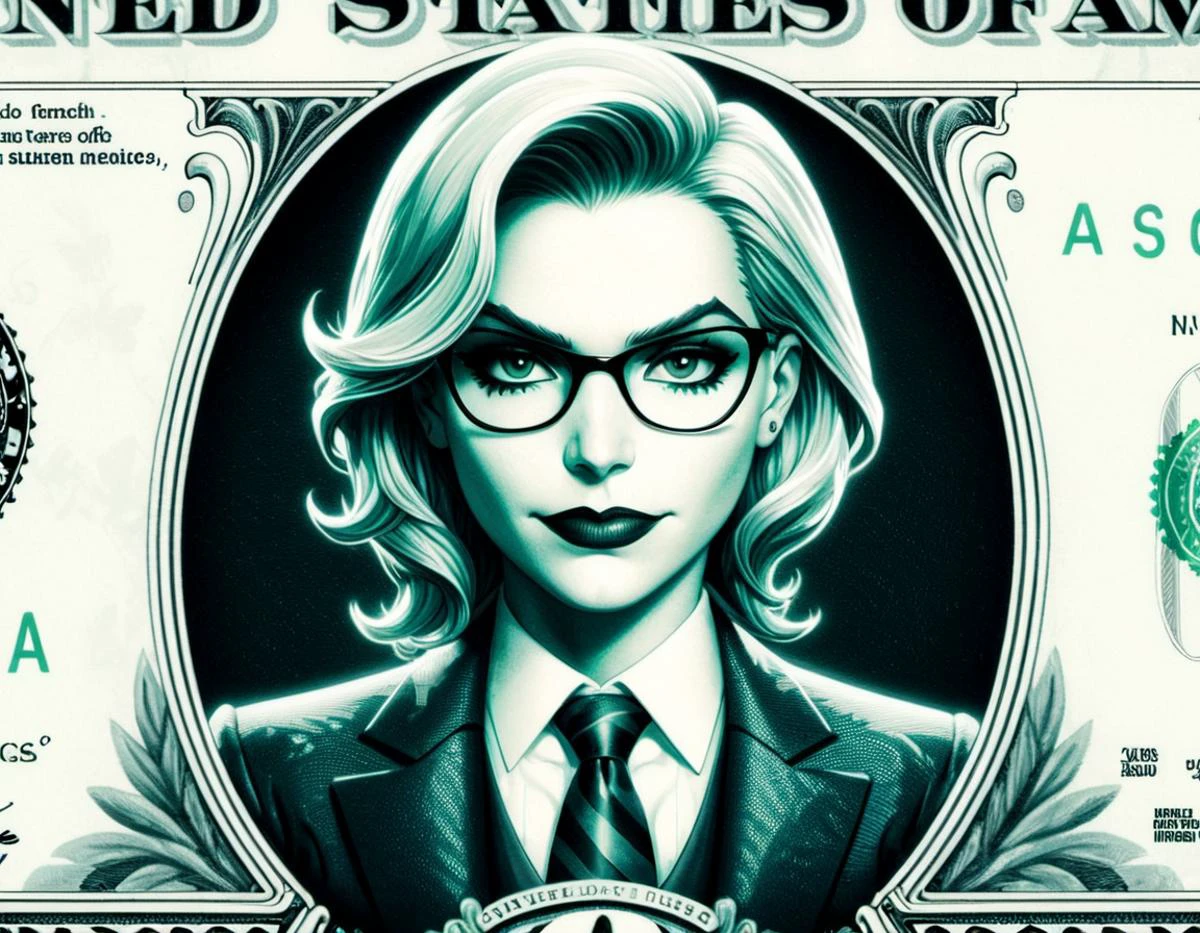 DollaBill, digital painting of Harleen Quinzel, wearing a suit and tie, framed by an ornate border, on top of a $ 100 bill. watermark. pg13 _ rating