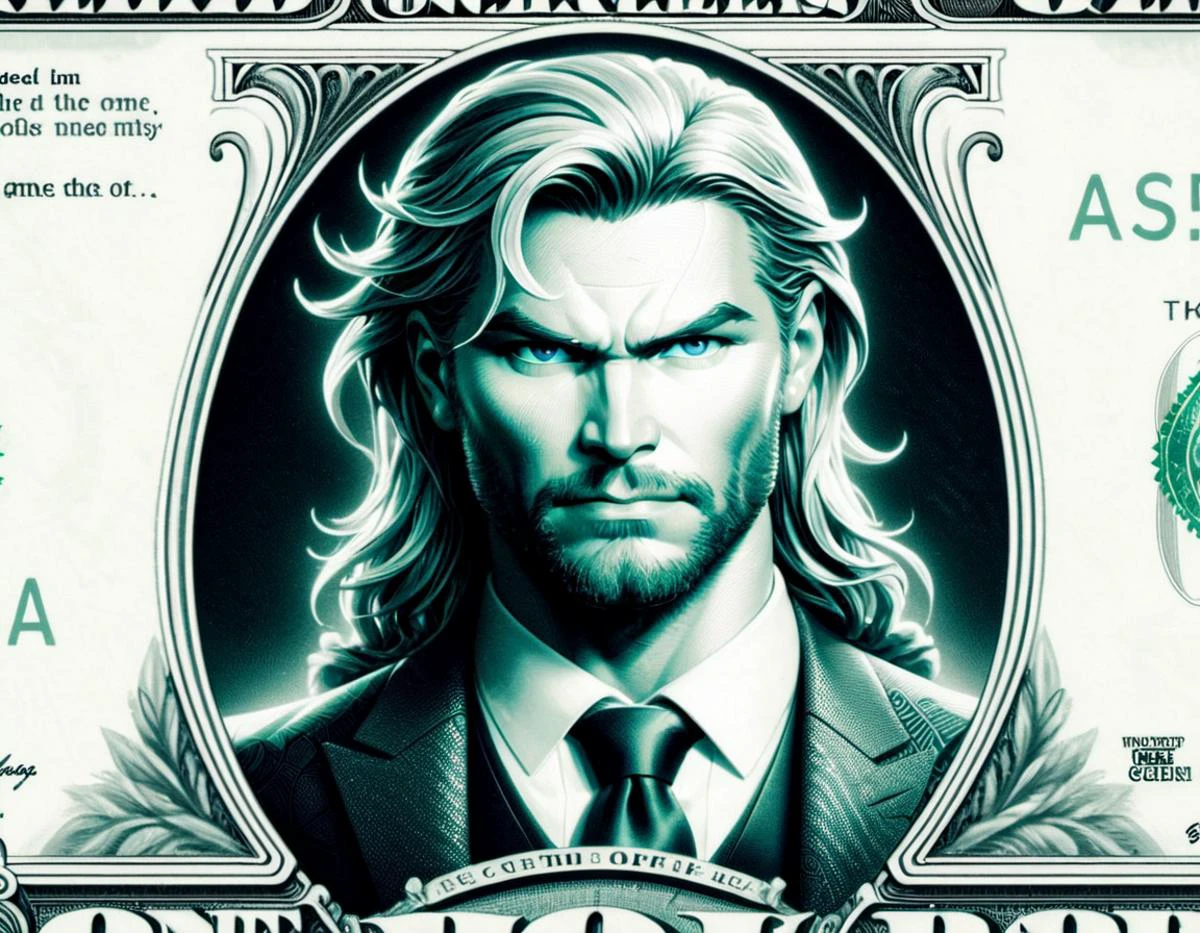 DollaBill, digital painting of Thor, wearing a suit and tie, framed by an ornate border, on top of a $ 100 bill. watermark. pg13 _ rating