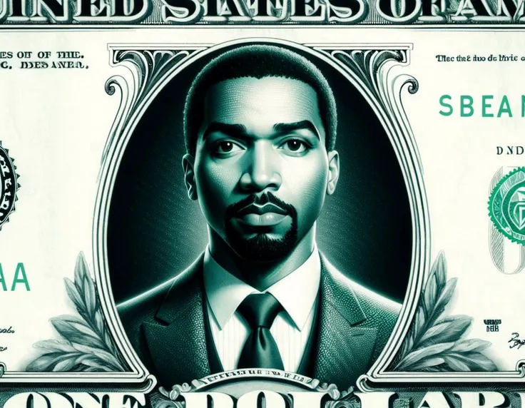 
DollaBill, digital painting of Jesse L. Martin, wearing a suit and tie, framed by an ornate border, on top of a $ 100 bill. watermark. pg13 _ rating