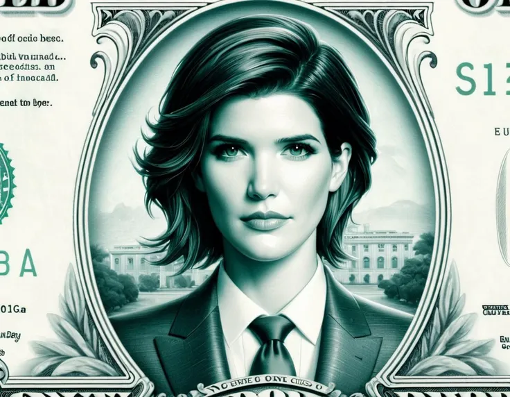 
DollaBill, digital painting of Cobie Smulders, wearing a suit and tie, framed by an ornate border, on top of a $ 100 bill. watermark. pg13 _ rating