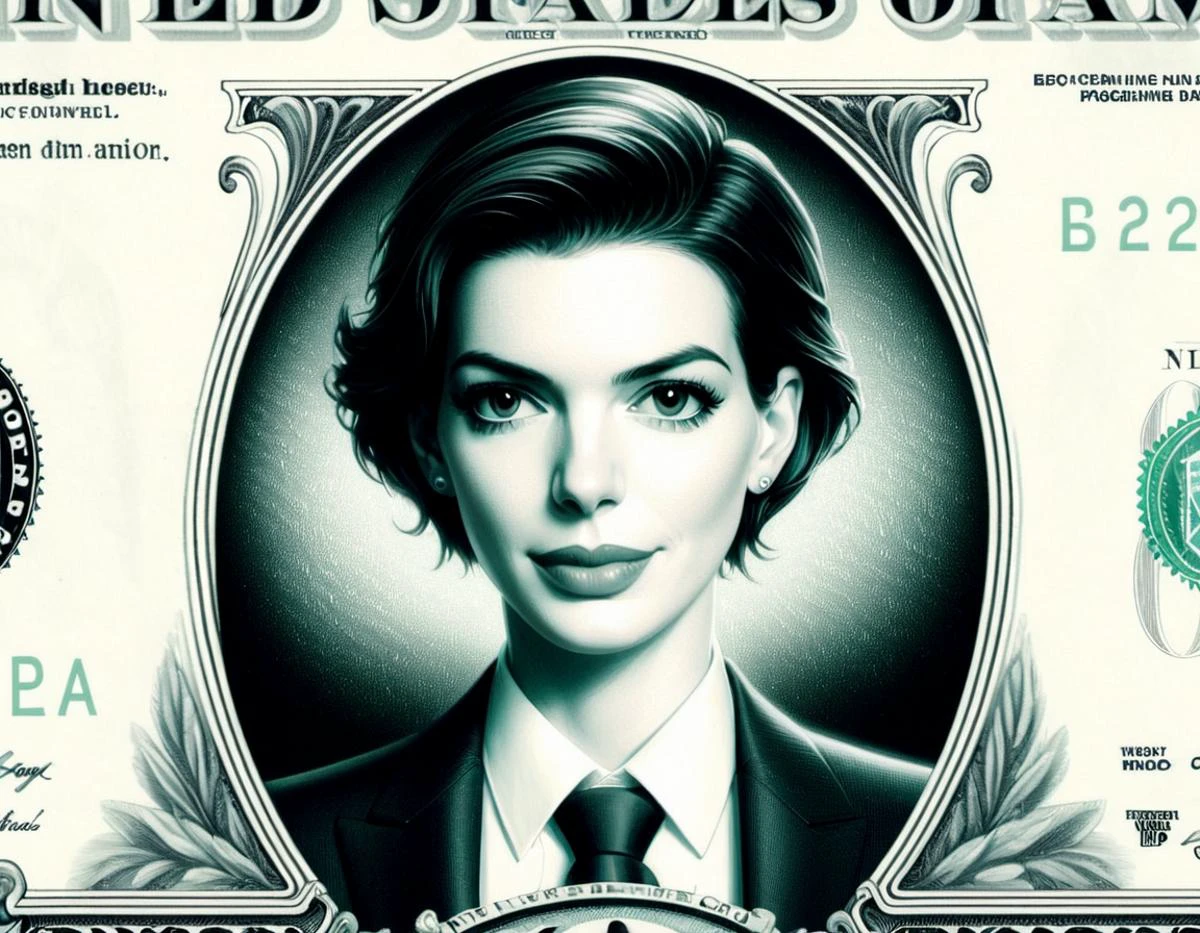 DollaBill, digital painting of Anne Hathaway, wearing a suit and tie, framed by an ornate border, on top of a $ 100 bill. watermark. pg13 _ rating