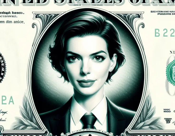 
DollaBill, digital painting of Anne Hathaway, wearing a suit and tie, framed by an ornate border, on top of a $ 100 bill. watermark. pg13 _ rating