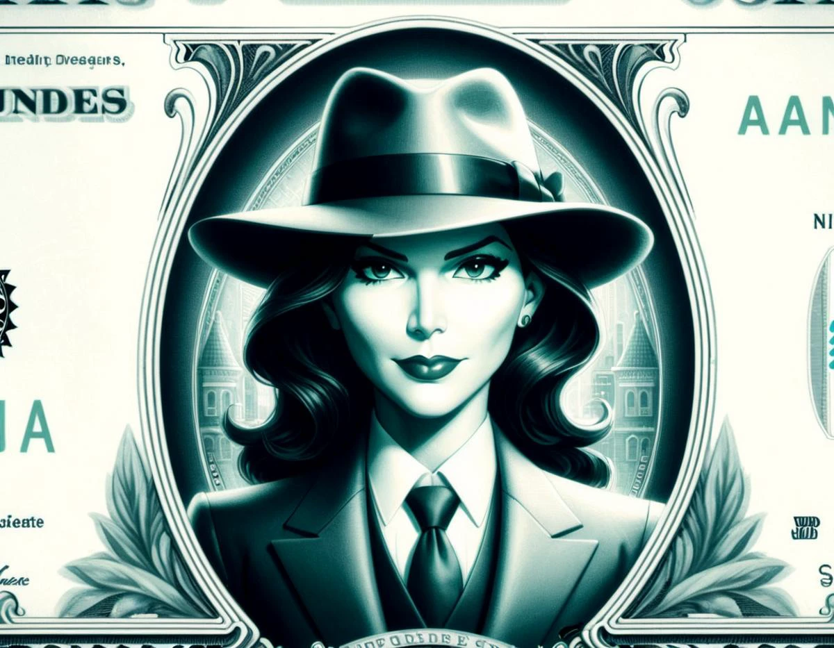 DollaBill, digital painting of Carmen Sandiego, wearing a suit and tie, framed by an ornate border, on top of a $ 100 bill. watermark. pg13 _ rating